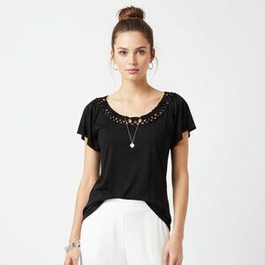 Banana Republic Black Crochet Neck Short Sleeve Tee T Shirt Top M